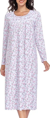Vista 18 de Camisones largos de algodón para mujer, 100% algodón, vestido de noche de manga larga para mujer, ropa de dormir vintage A rosa