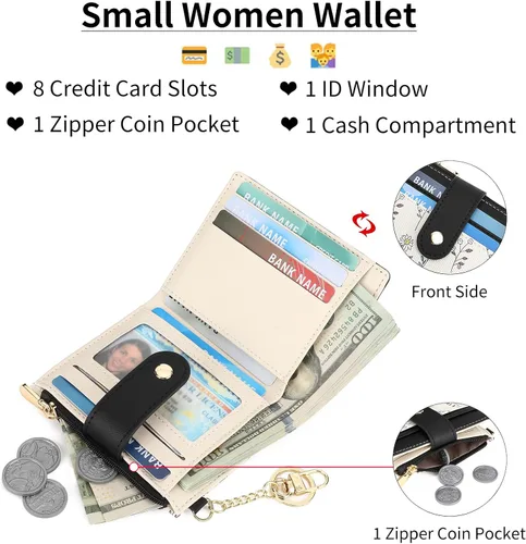 Vista 3 de GAEKEAO - Billetera pequeña para mujer con bloqueo RFID, delgada, de dos pliegues, de cuero floral, tarjetero con bolsillo con cremallera y ventana