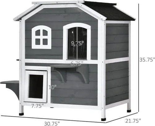 Vista 7 de Casa para gatos de 2 pisos al aire libre, resistente a la intemperie para gatos salvajes con puerta de escape, techo que se abre, plataformas