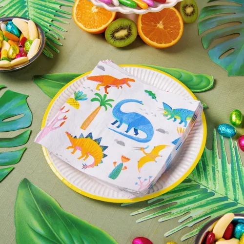 Vista 2 de Talking Tables Servilletas de papel de dinosaurio para fiestas de cumpleaños de niñas o niños, 13 x 13 pulgadas, colores mezclados, paquete de 20