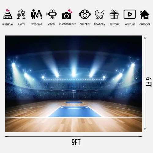 Vista 3 de Fondo de cancha de baloncesto para interiores Baloncesto Deportes Club Campo Estadio Fotografía Fondo 9x6ft Decoración de Fiesta Banner Photo Booth