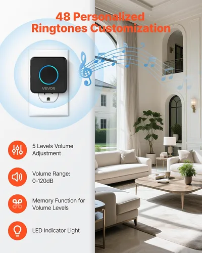 Vista 3 de VEVOR Kit de timbre inalámbrico, IP54 resistente al agua con rangos de hasta 1000 pies, 5 volúmenes ajustables, 48 tonos de llamada, fácil