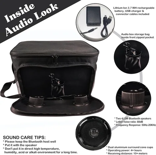 Vista 5 de Bolsa térmica aislada con altavoces Bluetooth, 24 latas, 2 galones, bebidas de alimentos, batería recargable compatible con iOS y Android, plegable