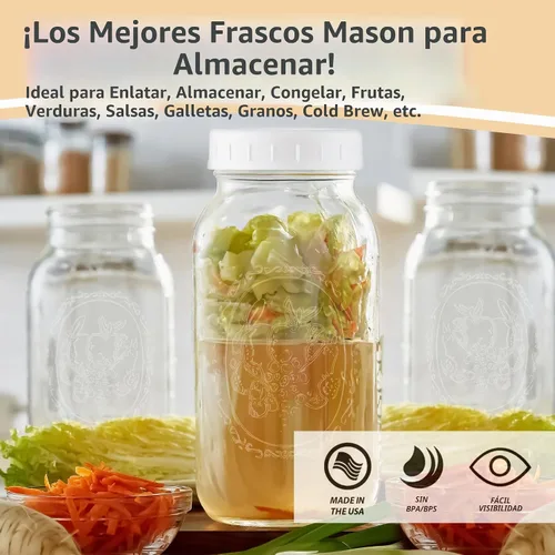 Vista 3 de Tarro Mason de boca ancha de 64 onzas – (1 paquete) – Tarro de boca ancha de 64 onzas de medio galón con tapa de plástico blanca M.E.M