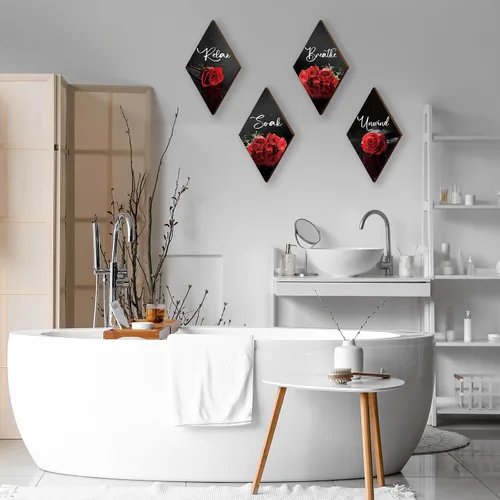 Vista 5 de ONIZHITY Juego de 4 decoración de pared de madera con rosas rojas para decoración de pared, diseño rústico, romántico, floral, decoración de pared