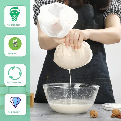 Vista 2 de Paquete de 3 bolsas de leche de nuez de 14 x 14 pulgadas, extra grandes, reutilizables, coladores de alimentos, bolsas de nueces para colar leche