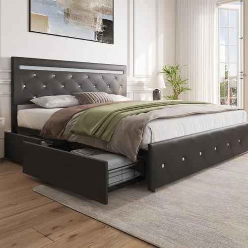 Vista 7 de Benevika Base de cama de tamaño completo con 4 cajones y estación de carga, cama tapizada de cuero PU con cabecera LED ajustable, soporte de Negro