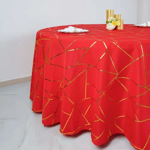 Vista 28 de Efavormart - Mantel redondo de poliéster de 120 pulgadas con patrón geométrico dorado Morado