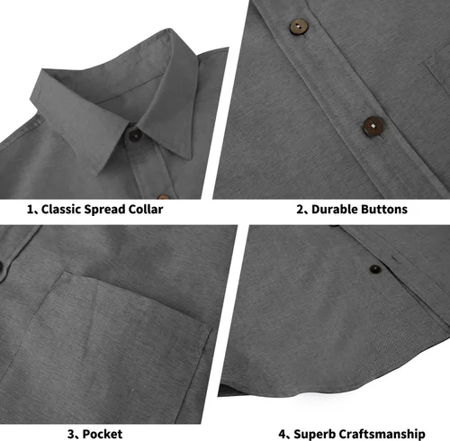 Vista 2 de elselect Camisa suelta con botones para hombre, de manga larga, con botones, casual, de lino, para verano
