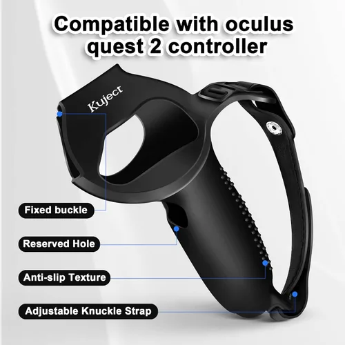Vista 2 de Kuject Empuñaduras de control de diseño para Oculus Quest 2, funda de silicona antitiramiento con correas ajustables para nudillos, protector
