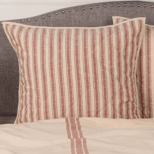 Vista 3 de Piper Classics Market Place Funda de Almohada Euro Sham Acolchada con Rayas Ticking Rojas, 26" x 26", Ropa de Cama Estilo Granja Roja y Crema