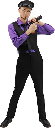 Vista 8 de Disfraz morado de talla estadounidense para hombre, conjunto completo de cosplay con sombrero y gafas para Halloween