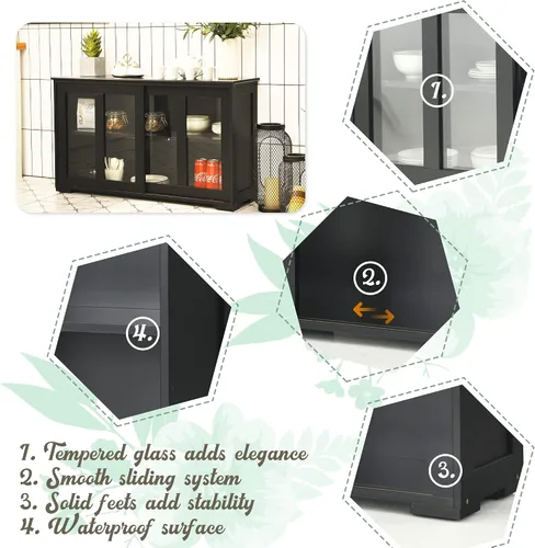 Vista 5 de LOKO Armario apilable para bufé, armario de almacenamiento de cocina con puertas corredizas de vidrio templado, pequeño aparador para cocina, Negro