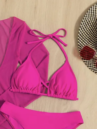 Vista 18 de SherryDC Traje de baño sexy de 3 piezas para mujer, conjunto de bikini triangular con cuello halter y manga larga, traje de baño con cordón
