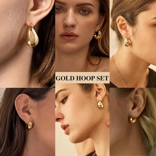 Vista 4 de LOUMILEO 6 Pairs Chunky Gold Hoop Earrings Set for Women 14K Gold Plated Teardrop Waterdrop Earrings Dupes Lightweight Hypoallergenic Gold Earrings