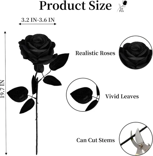 Vista 3 de Eternal Blossom 10 flores artificiales de seda de rosa negra de 19.7 in para ramo de novia, decoración de boda para el hogar Negro