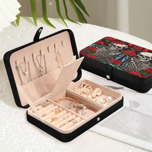 Vista 6 de Flradish Beautiful Rose and Skull Travel Jewelry Box,Portable PU Leather Small Jewelry Organizer for Earrings,Ring,Necklaces,Bracelets