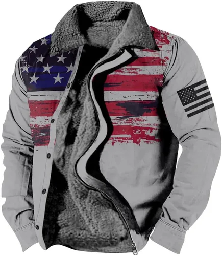 Vista 11 de LOAIHA Chaqueta de invierno para hombre, chaqueta de bandera estadounidense, abrigos occidentales para hombre, con cremallera, forro polar cálido