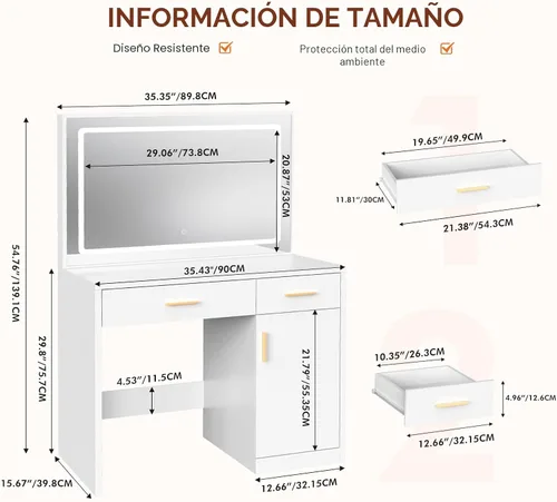 Vista 2 de Sweetcrispy - Escritorio de maquillaje, espejo LED, estación de carga
