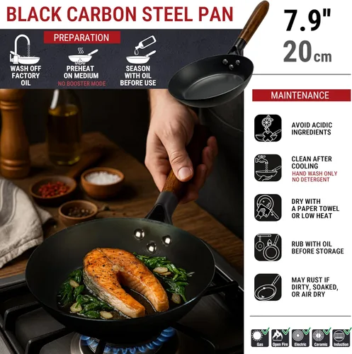 Vista 3 de YOSUKATA Sartén de acero al carbono de 7.9 pulgadas, sartén pre-sazonada no tóxica con mango de madera extraíble, sartén estilo wok sin