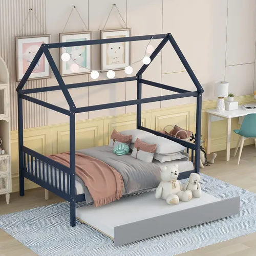 Vista 3 de Camas de casa matrimonial con nido para niños, marco de cama de madera para niñas y niños, no necesita resorte, tamaño matrimonial, azul