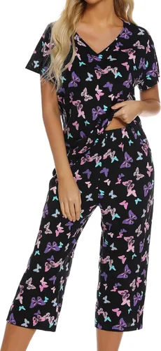 Vista 13 de ENJOYNIGHT Conjuntos de pijama de algodón para mujer, pijamas de verano con pantalones capri, ropa de dormir Gato negro