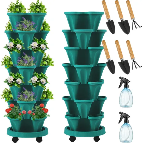 Vista 10 de Umigy Juego de 2 macetas verticales de 7 niveles, apilables, macetas de fresa, hierbas y verduras, macetas de jardinería para interiores