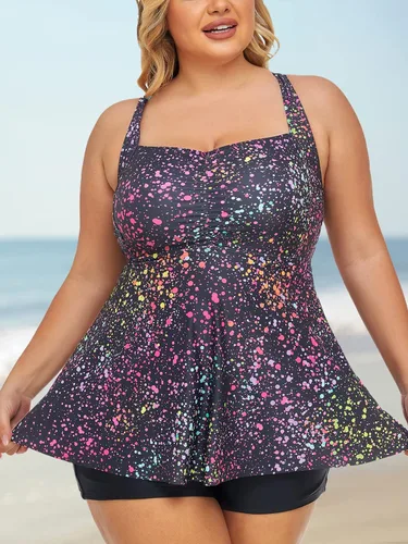 Vista 4 de Summer Mae Traje de baño tankini de dos piezas para mujer, talla grande, con control de abdomen, con pantalones cortos