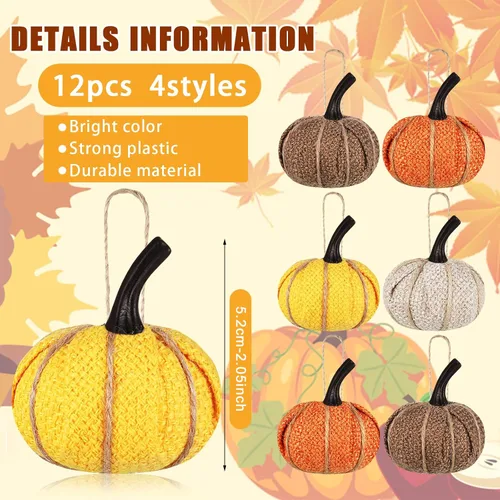 Vista 3 de Kajaia 12 piezas de mini adornos colgantes de calabaza de otoño de Acción de Gracias para árbol de 2.05 pulgadas, tela de arpillera, calabaza