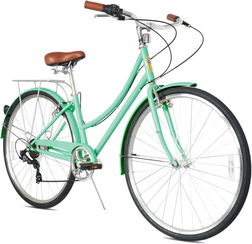 Vista 7 de MICARGI Kansans Beach Cruiser Bike - Empuñaduras de cuero de 7 velocidades y cojín de asiento V-Brake para adultos Vainilla
