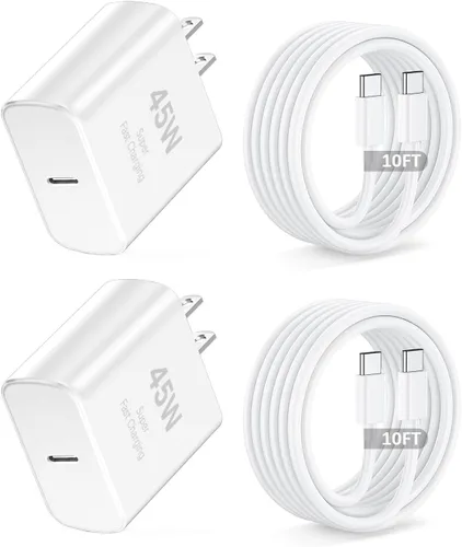 Vista 9 de Cargador para iPhone de carga rápida, paquete de 2 adaptadores de alimentación USB C de 45 W y cable USB C a C de 10 pies tipo C para iPhone Duo/18