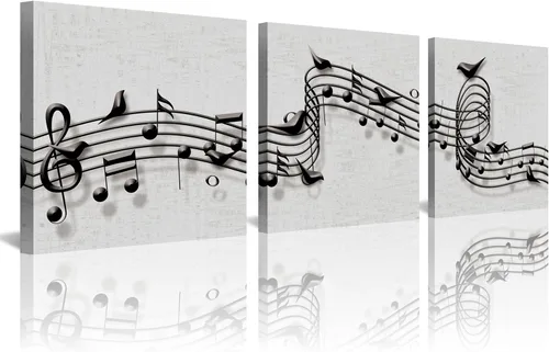 Vista 14 de 3 piezas de lienzo musical para pared, impresiones de notas musicales abstractas, coloridas ilustraciones de ondas sonoras, claves agudas