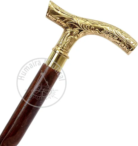 Vista 6 de Bastón unisex de 37 pulgadas de ébano marrón con mango en T de latón, acabado de madera natural