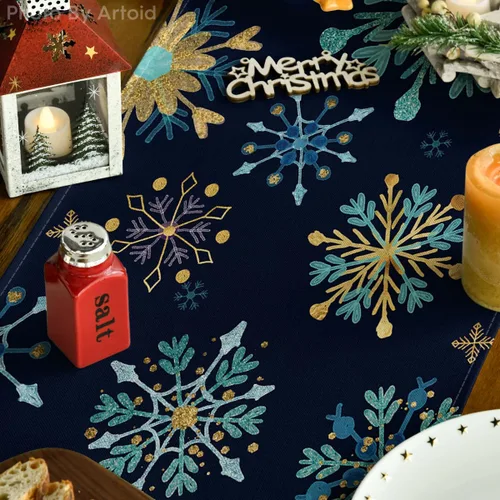 Vista 3 de Artoid Mode Camino de mesa hexagonal con copos de nieve azules de invierno, decoración de mesa de cocina para Navidad, para fiestas en el hogar al