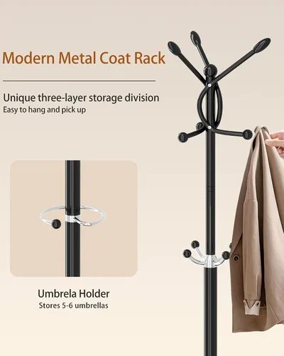 Vista 6 de Perchero de metal con base de mármol natural, perchero con 12 ganchos y soporte para paraguas, perchero moderno negro, perchero para colgar abrigos