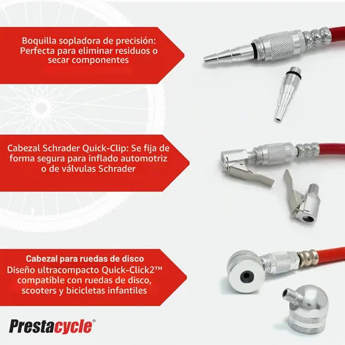 Vista 3 de Prestaflator - Inflador de neumáticos para bicicleta, herramienta de compresor de aire Presta & Schrader, funciona con neumáticos sin cámara