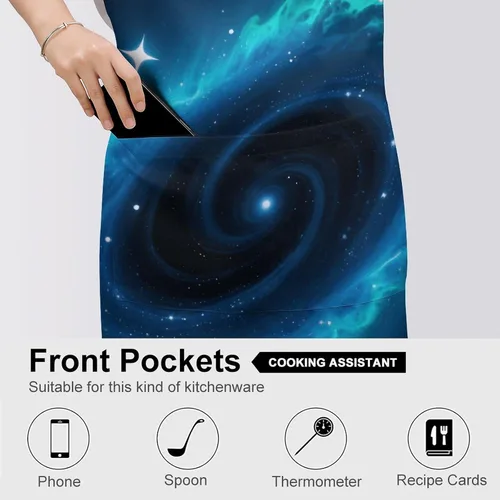 Vista 5 de MUSM Apron for Adults - 27.6 X 31.5 Inch, Heavy-Duty Polyester Aprons with Two Large Pockets, Waterproof Galaxy Kitchen Apron for Cooking, Grilling