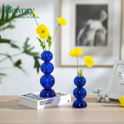 Vista 4 de Jarrones de Burbujas de Vidrio para Flores, Hewory 2 piezas Jarrones Únicos Azules Lindos para Flores Individuales para Centros de Mesa, Jarrón