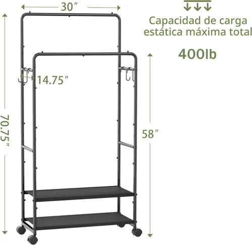 Vista 3 de Simple Trending Perchero para colgar ropa, perchero de doble barra con estantes, carga de 400 libras, perchero con ruedas, color negro
