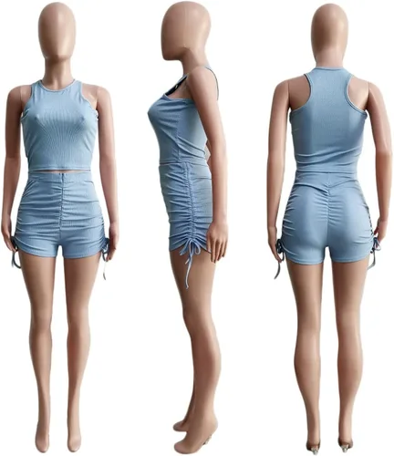 Vista 4 de Hoefirm Conjuntos de entrenamiento para mujer, trajes de 2 piezas, sexy, acanalados, camiseta sin mangas con cordón, pantalones cortos de verano