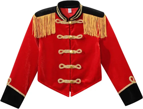 Vista 4 de ACSUSS Disfraz de maestra de ceremonias de circo para niñas y niñas, disfraz de banda de marcha, uniforme, borlas, chaqueta