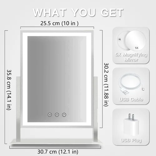 Vista 2 de HIEEY Espejo de maquillaje iluminado, espejo de tocador Hollywood con luces, tres modos de iluminación de color y espejo de aumento 5X, control