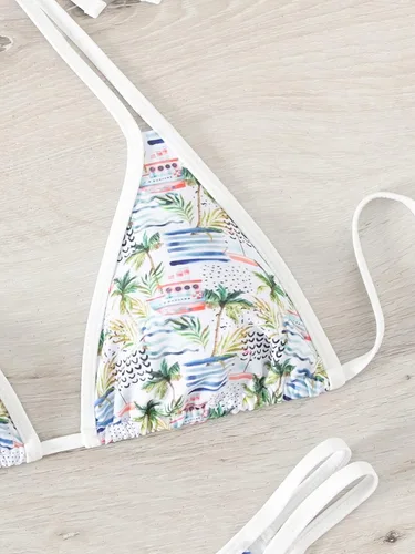 Vista 4 de WDIRARA Traje de baño de dos piezas con estampado tropical y triángulo halter para mujer