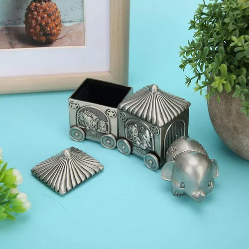 Vista 4 de Agatige Caja de dientes de tren para niños y niñas, elefante de metal, caja de recuerdo de bebé, cofre del tesoro, soporte de dientes para niños
