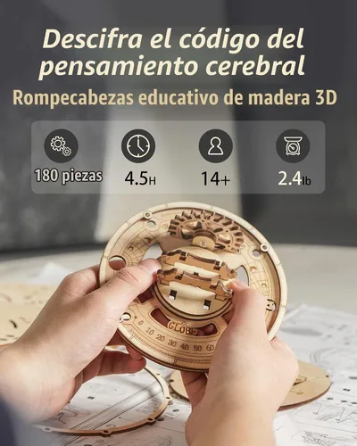 Vista 3 de ROKR Rompecabezas de madera 3D para adultos, rompecabezas de globo de madera con iluminación LED, kits de construcción de modelos, decoración