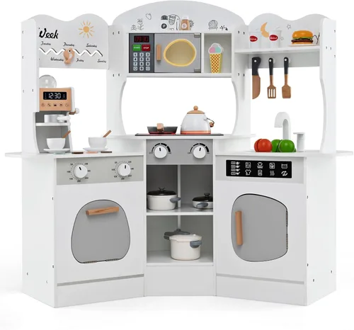 Vista 12 de Costzon Juego de cocina esquinera para niños, juego de cocina de juguete de madera con campana extractora de luces y sonidos, máquina de hielo
