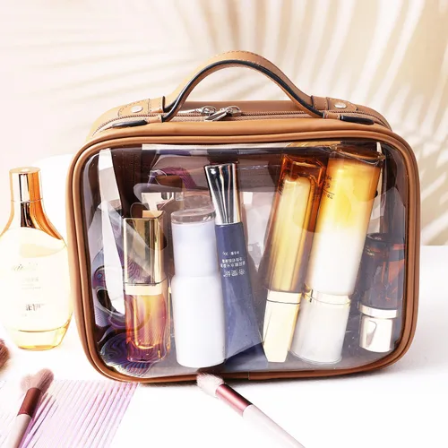 Vista 3 de SANHECUN Neceser de viaje Estuche grande transparente para cosméticos bolsa de maquillaje (marrón, pequeño)