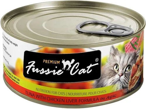 Vista 7 de Fussie Cat Comida húmeda prémium de atún con pollo en Aspic sin granos para gatos, latas de 2.82 onzas, caja de 24 latas de atún con pollo en Aspic)
