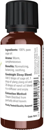 Vista 2 de NOW Aceites esenciales, aceite de salvia, aroma normalizador de aromaterapia, destilado al vapor, 100% puro, vegano, tapa resistente a los niños, 1
