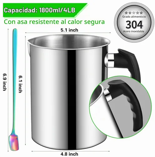 Vista 2 de Olla para hacer velas, 60.9 fl oz/60 onzas, olla de fusión de cera de doble caldera, jarra de acero inoxidable 304 con mango resistente al calor